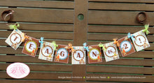 Load image into Gallery viewer, Sock Monkey Birthday Party Banner Boy Girl Small Name Age Orange Blue Green Stripe Wagon Retro Vintage Boogie Bear Invitations Teagan Theme