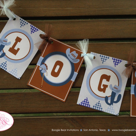 Wild West Cowboy Birthday Party Banner Hat Boots Horse Blue Lasso Boy Name Age Sheriff Country Farm Barn Boogie Bear Invitations Logan Theme