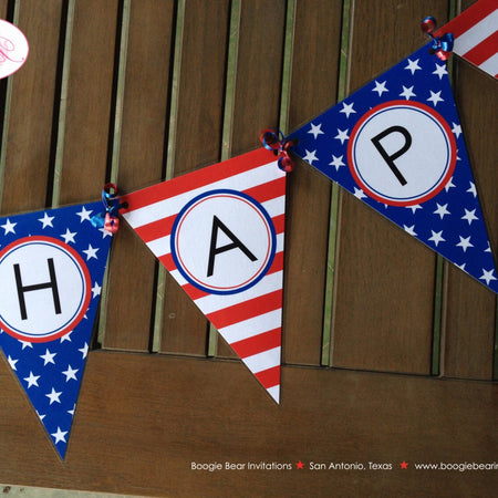 4th of July Happy Birthday Party Banner Pennant United States Independence Day Large Boogie Bear Invitations Devon Theme Ribbon Laminated