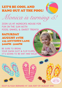 Flip Flop Pool Birthday Party Invitation Photo Girl Swim Swimming Beach Boogie Bear Invitations Monica Theme Paperless Printable Printed