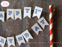 Load image into Gallery viewer, 4th of July Mini Cake Party Topper Flag Pennant Banner Happy Birthday Red White Blue Independence Day Boogie Bear Invitations Devon Theme