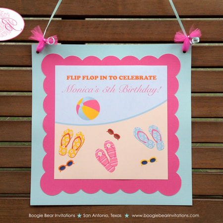 Flip Flop Pool Happy Birthday Door Banner Beach Girl Pink Blue Party Swimming Swim Summer Splash Bash Boogie Bear Invitations Monica Theme