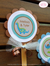 Load image into Gallery viewer, Blue Dinosaur Baby Shower Cupcake Toppers Set Boy Green Yellow Grey Dino Birthday Party Prehistoric Boogie Bear Invitations Melissa Theme