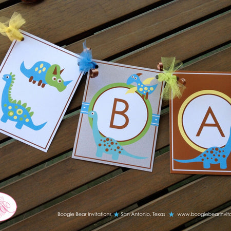 Little Blue Dinosaur Boy Baby Shower Banner Green Brown Yellow Grey Birthday Party Dino 1st Boogie Bear Invitations Melissa Theme Printed