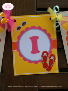Flip Flop Pool Birthday Party Banner Beach Girl Flower Pink Blue Swim Swimming Ocean Splash Luau Island Boogie Bear Invitations Monica Theme