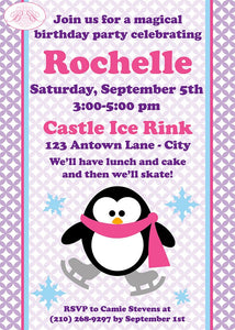 Ice Skating Birthday Party Invitation Penguin Pink Purple Skate Rink Girl Boogie Bear Invitations Rochelle Theme Paperless Printable Printed