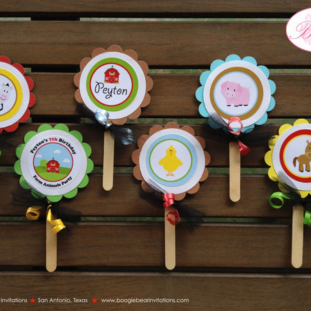 Farm Animals Party Cupcake Toppers Birthday Girl Boy Red Barn Horse Sheep Cow Country Petting Zoo Boogie Bear Invitations Peyton Theme Set
