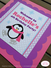 Load image into Gallery viewer, Ice Skating Penguin Party Door Banner Birthday Winter Snow Pink Purple Girl Christmas Ice Rink Boogie Bear Invitations Rochelle Theme