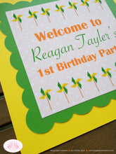 Load image into Gallery viewer, Pinwheel Birthday Party Door Banner Retro Green Orange Yellow Boy Girl Breezy Outdoor Garden Boogie Bear Invitations Reagan Theme