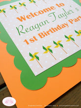 Load image into Gallery viewer, Pinwheel Birthday Party Door Banner Retro Green Orange Yellow Boy Girl Breezy Outdoor Garden Boogie Bear Invitations Reagan Theme