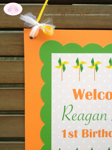 Pinwheel Birthday Party Door Banner Retro Green Orange Yellow Boy Girl Breezy Outdoor Garden Boogie Bear Invitations Reagan Theme