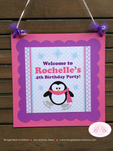 Load image into Gallery viewer, Ice Skating Penguin Party Door Banner Birthday Winter Snow Pink Purple Girl Christmas Ice Rink Boogie Bear Invitations Rochelle Theme