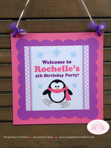 Ice Skating Penguin Party Door Banner Birthday Winter Snow Pink Purple Girl Christmas Ice Rink Boogie Bear Invitations Rochelle Theme