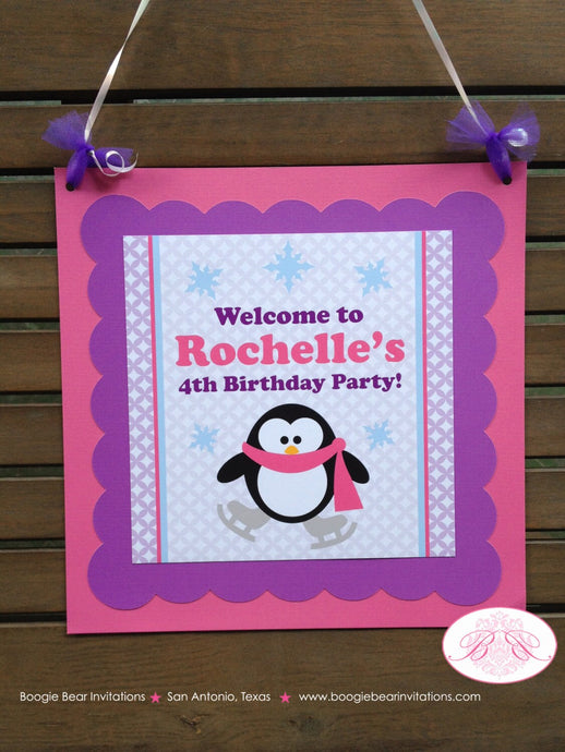 Ice Skating Penguin Party Door Banner Birthday Winter Snow Pink Purple Girl Christmas Ice Rink Boogie Bear Invitations Rochelle Theme