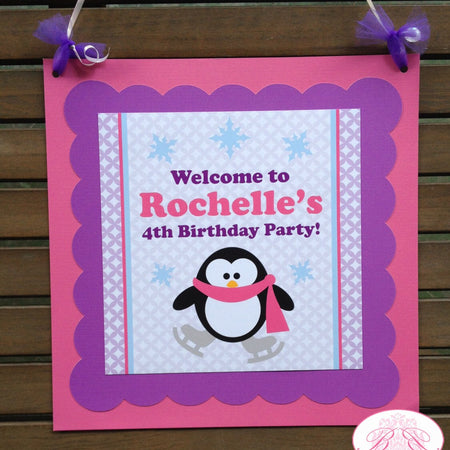 Ice Skating Penguin Party Door Banner Birthday Winter Snow Pink Purple Girl Christmas Ice Rink Boogie Bear Invitations Rochelle Theme
