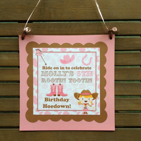 Pink Cowgirl Birthday Party Door Banner Western Brown Cow Print Boots Hat Girl Showdown Horseshoe Horse Boogie Bear Invitations Molly Theme