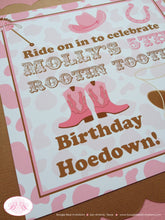 Load image into Gallery viewer, Pink Cowgirl Birthday Party Door Banner Western Brown Cow Print Boots Hat Girl Showdown Horseshoe Horse Boogie Bear Invitations Molly Theme