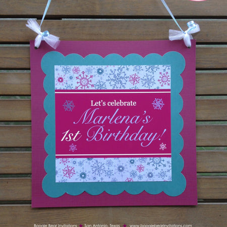 Winter Snowflake Party Door Banner Birthday Girl Pink Teal Purple Lavender ONEderland Christmas Boogie Bear Invitations Marlena Theme