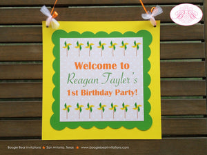 Pinwheel Birthday Party Door Banner Retro Green Orange Yellow Boy Girl Breezy Outdoor Garden Boogie Bear Invitations Reagan Theme