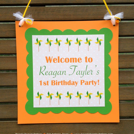 Pinwheel Birthday Party Door Banner Retro Green Orange Yellow Boy Girl Breezy Outdoor Garden Boogie Bear Invitations Reagan Theme