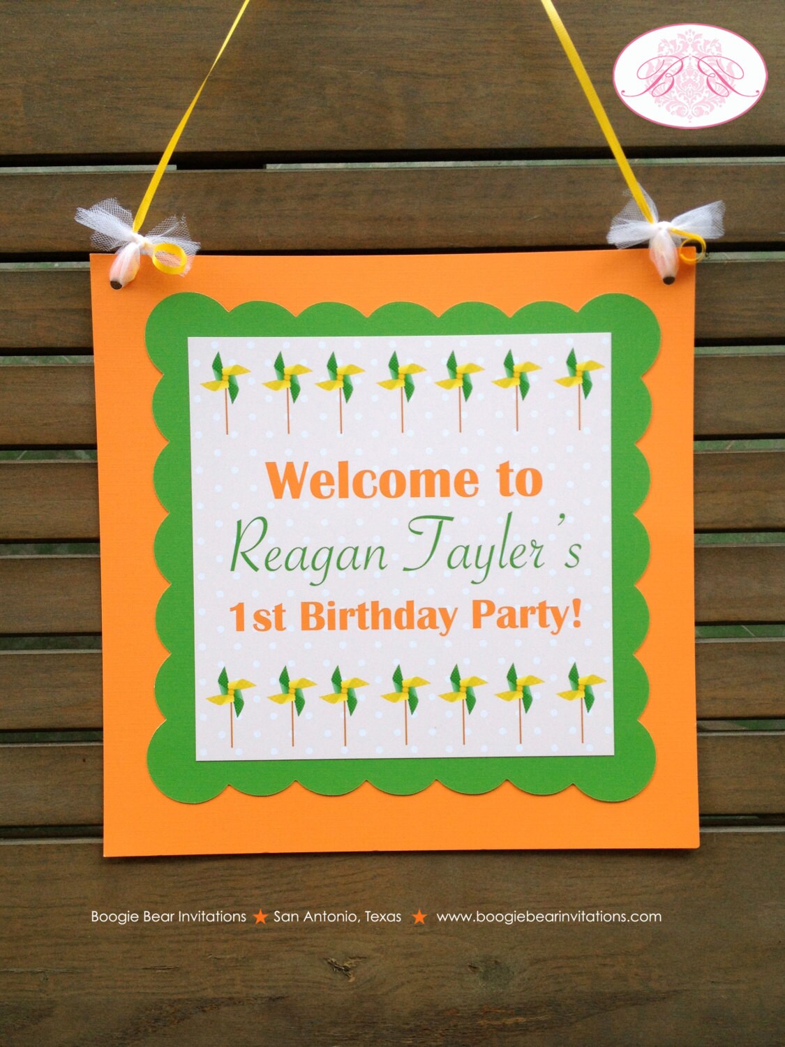 Pinwheel Birthday Party Door Banner Retro Green Orange Yellow Boy Girl Breezy Outdoor Garden Boogie Bear Invitations Reagan Theme