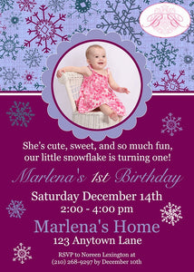 Snowflake Birthday Party Invitation Photo Girl Winter Christmas Snow Flake Boogie Bear Invitations Marlena Theme Paperless Printable Printed