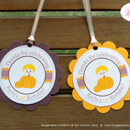 Little Pumpkin Birthday Party Favor Tags Girl Barn Harvest Fall Purple Lavender Orange Ranch Farm Autumn Boogie Bear Invitations Kayla Theme