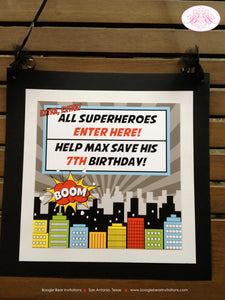Superhero Birthday Party Door Banner Save The Day Red Black Boy Girl Super Hero Comics Cityscape Skyline Boogie Bear Invitations Max Theme