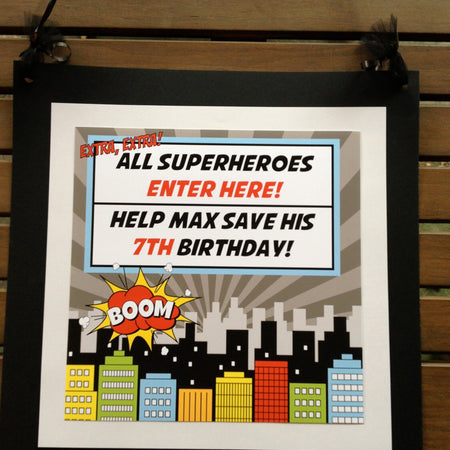 Superhero Birthday Party Door Banner Save The Day Red Black Boy Girl Super Hero Comics Cityscape Skyline Boogie Bear Invitations Max Theme