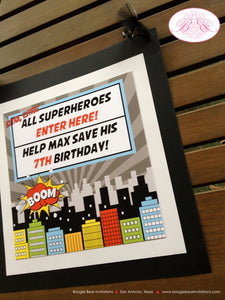 Superhero Birthday Party Door Banner Save The Day Red Black Boy Girl Super Hero Comics Cityscape Skyline Boogie Bear Invitations Max Theme