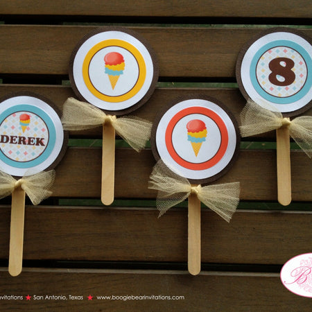Ice Cream Birthday Party Cupcake Toppers Retro Soda Shop Girl Boy Sweet Candy Buffet Cone Double Scoop Boogie Bear Invitations Dabney Theme