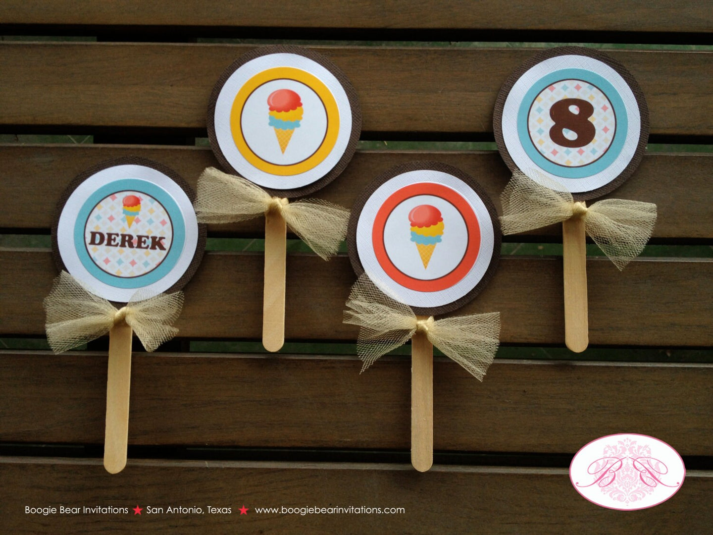 Ice Cream Birthday Party Cupcake Toppers Retro Soda Shop Girl Boy Sweet Candy Buffet Cone Double Scoop Boogie Bear Invitations Dabney Theme