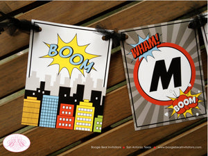 Superhero Party Name Banner Birthday Super Hero Comic Skyline City Retro Vintage Pow Boom Boy Girl Maximus Boogie Bear Invitations Max Theme