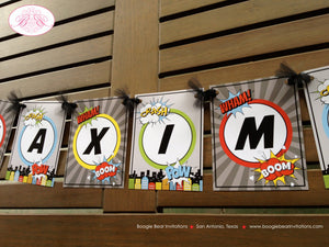 Superhero Party Name Banner Birthday Super Hero Comic Skyline City Retro Vintage Pow Boom Boy Girl Maximus Boogie Bear Invitations Max Theme