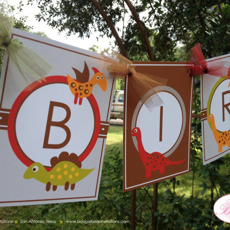 Little Dinosaur Happy Birthday Party Banner Dino Girl Boy Stomp Roar Orange Brown Red Green Jurassic Kid Boogie Bear Invitations Lucas Theme