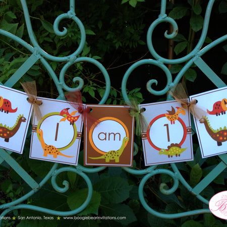 Little Dinosaur I am 1 Highchair Small Banner Birthday Party Girl Boy Red Orange Green Brown 1st 2nd 3rd Boogie Bear Invitations Lucas Theme