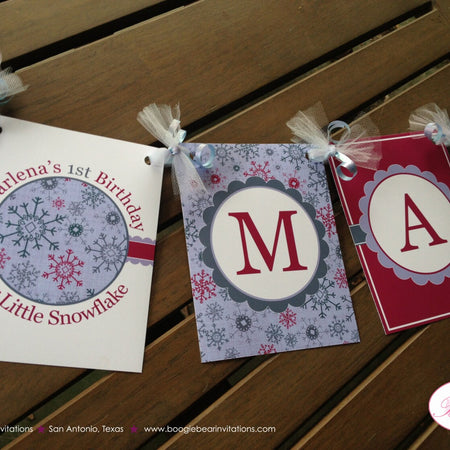 Snowflake Birthday Party Name Banner Winter Christmas Girl Pink Purple Snowing 1st 2nd 3rd 4th 5th 6th Boogie Bear Invitations Marlena Theme