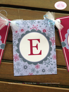 Snowflake Birthday Party Name Banner Winter Christmas Girl Pink Purple Snowing 1st 2nd 3rd 4th 5th 6th Boogie Bear Invitations Marlena Theme