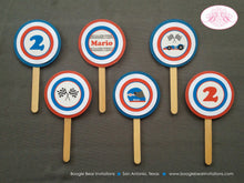 Load image into Gallery viewer, Race Car Party Cupcake Toppers Birthday Racing Track Blue Red Black Checkered Flag Helmet Team Boy Girl Boogie Bear Invitations Mario Theme