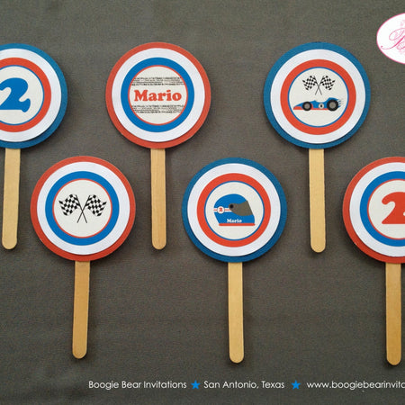 Race Car Party Cupcake Toppers Birthday Racing Track Blue Red Black Checkered Flag Helmet Team Boy Girl Boogie Bear Invitations Mario Theme