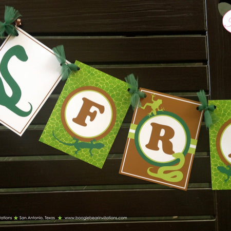 Reptile Birthday Party Name Banner Snake Frog Lizard Gecko Rainforest Jungle Amazon Rain Forest Girl Boy Boogie Bear Invitations Frank Theme