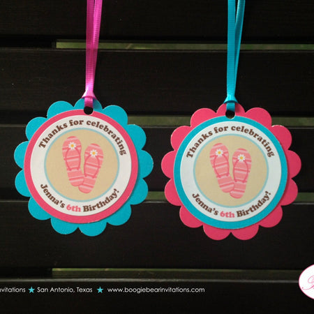 Flip Flop Pool Birthday Party Favor Tags Beach Girl Pink Blue Swim Swimming Ocean Tropical Island Hawaii Boogie Bear Invitations Jenna Theme