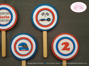 Race Car Party Cupcake Toppers Birthday Racing Track Blue Red Black Checkered Flag Helmet Team Boy Girl Boogie Bear Invitations Mario Theme