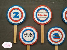 Load image into Gallery viewer, Race Car Party Cupcake Toppers Birthday Racing Track Blue Red Black Checkered Flag Helmet Team Boy Girl Boogie Bear Invitations Mario Theme