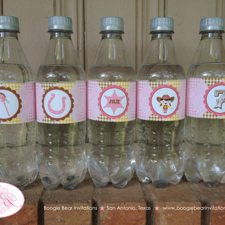 Pink Cowgirl Birthday Party Bottle Wraps Horse Wild West Paisley Hoedown Horse Barn Country Farm Girl Boogie Bear Invitations Julie Theme