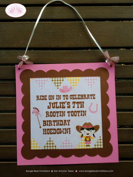 Pink Cowgirl Party Door Banner Birthday Western Brown Horse Paisley Gingham Ranch Country Farm Cow Girl Boogie Bear Invitations Julie Theme