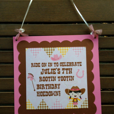 Pink Cowgirl Party Door Banner Birthday Western Brown Horse Paisley Gingham Ranch Country Farm Cow Girl Boogie Bear Invitations Julie Theme