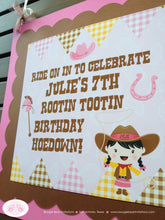 Load image into Gallery viewer, Pink Cowgirl Party Door Banner Birthday Western Brown Horse Paisley Gingham Ranch Country Farm Cow Girl Boogie Bear Invitations Julie Theme