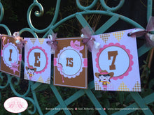 Load image into Gallery viewer, Pink Cowgirl Birthday Party Banner Name Age Boots Brown Horse Boots Hat Country Girl Boogie Bear Invitations Julie Theme