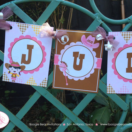 Pink Cowgirl Birthday Party Banner Name Age Boots Brown Horse Boots Hat Country Girl Boogie Bear Invitations Julie Theme